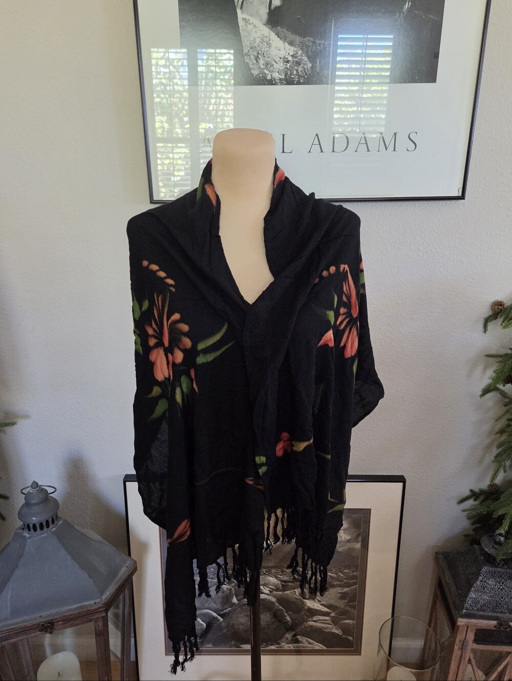 #49 Black Floral Shawl Wrap with Coral and Green Accents